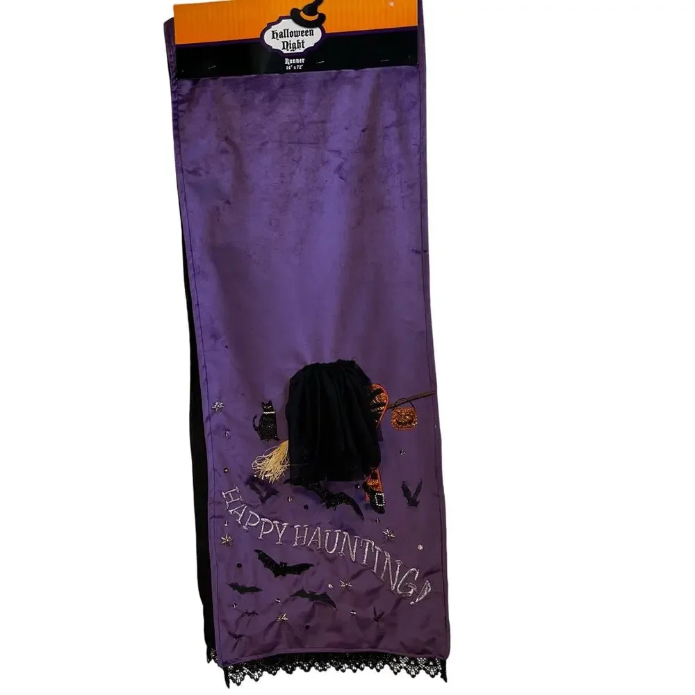 Halloween sexy Witch on broom Purple  table runner NEW 14